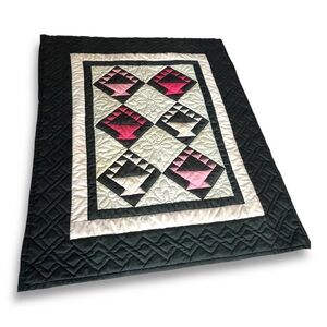 Vintage Black/Pink Basket Pattern Hand-stitched Amish Wallhanging Quilt